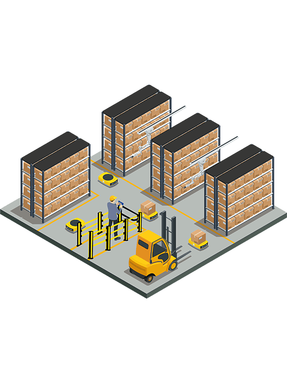 Magazzino con scaffalature, robot mobili, carrello elevatore e operatore dietro barriere di sicurezza.