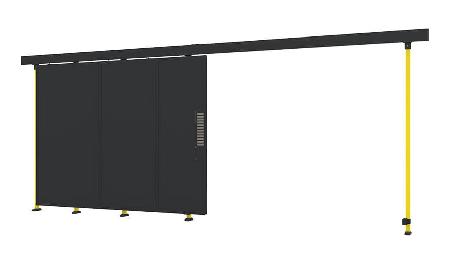 opened single sliding door for machine guarding with sheet metal panels from Axelent