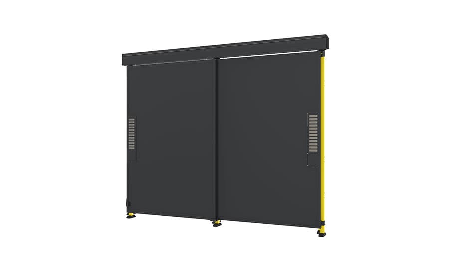 open double sliding door for machine guarding with sheet metasl panels from axelent 