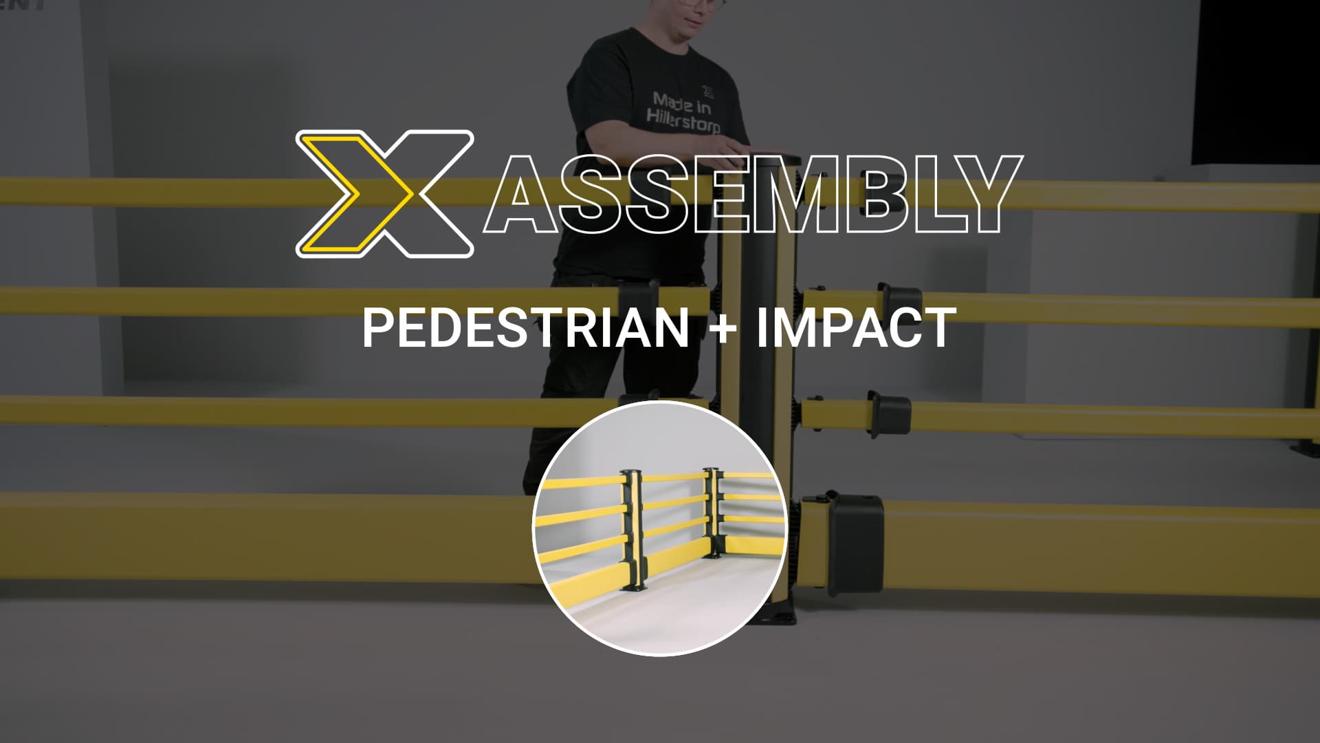 Assembly pedestrian barrier with impact