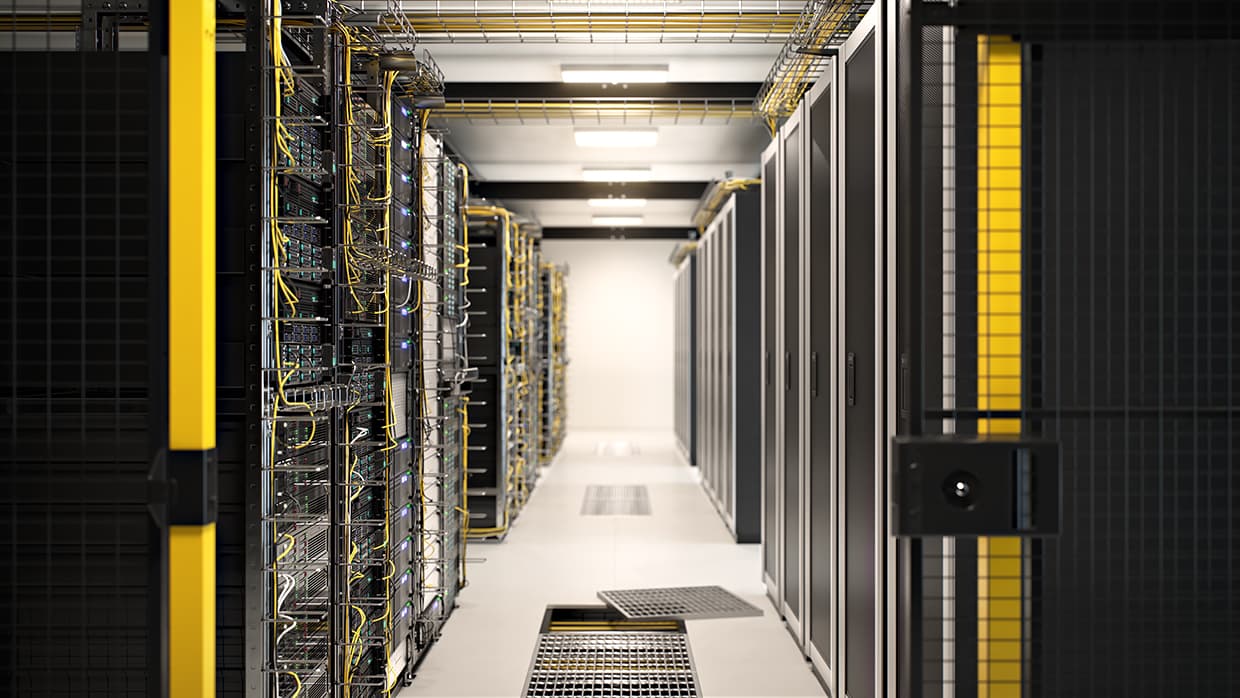 Server racks and cable management systems in a data center protected by safety panels