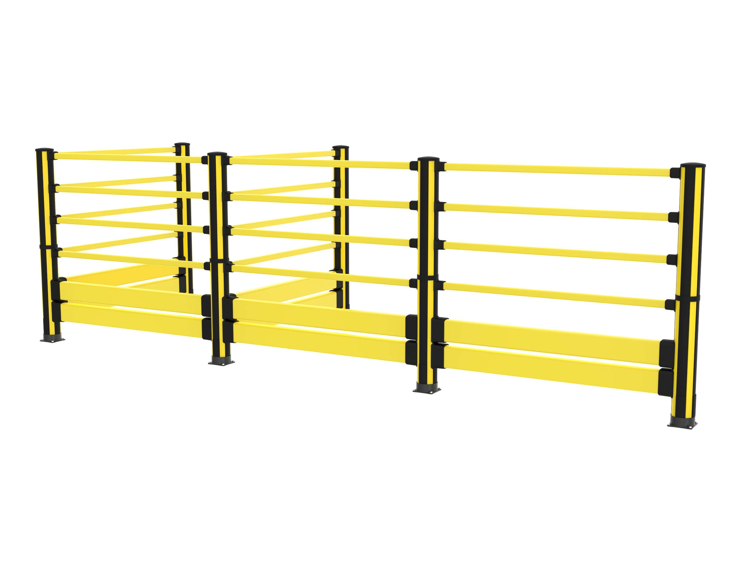 Assembly of yellow topple barrier with pedestrian impact protection
