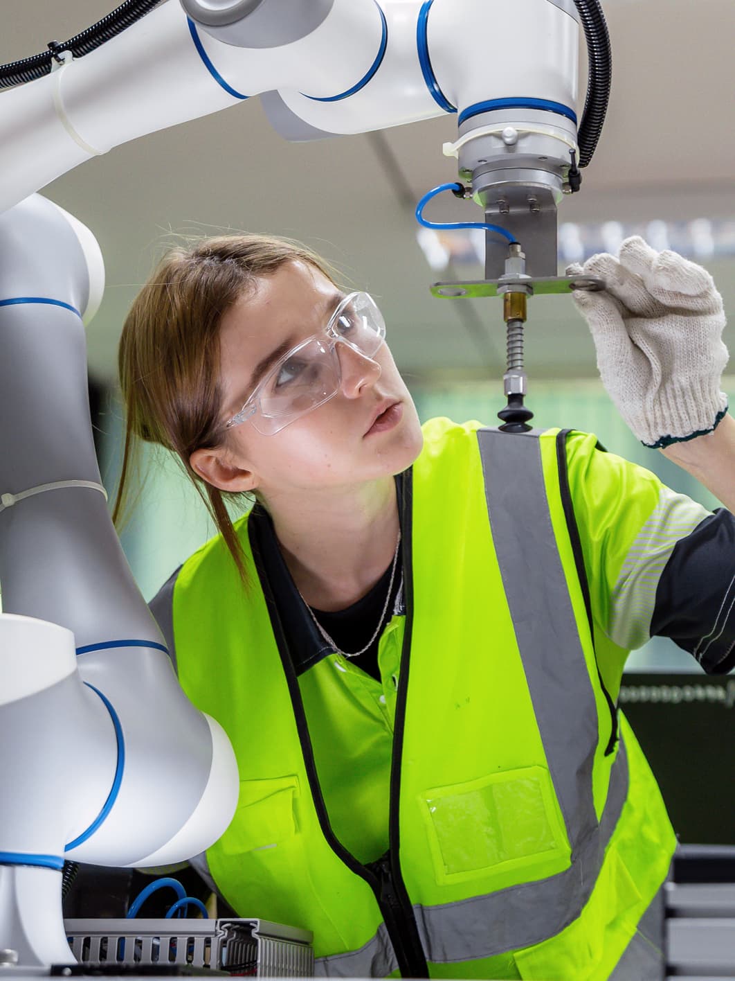 Woman in vest and glasses examinating a robot arm 