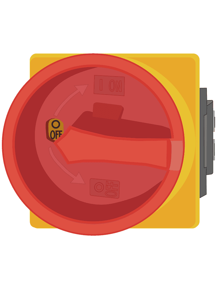 Illustration of a red and yellow emergency stop switch with on and off positions. The image highlights the function of emergency stop buttons in quickly shutting down machinery to prevent accidents and enhance workplace safety.