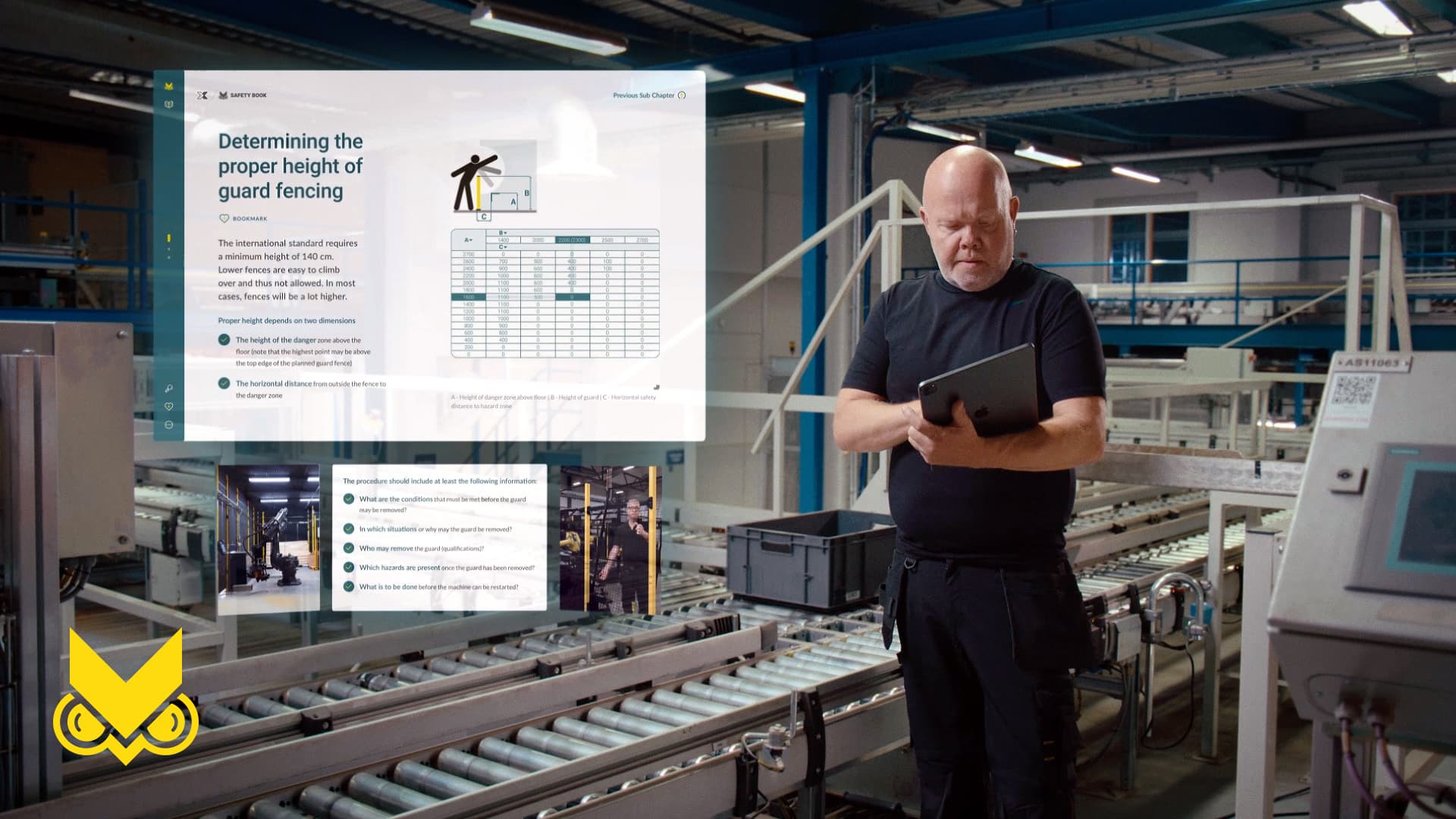 Man reading the Axelent Safety Book on his tablet in a warehouse environment