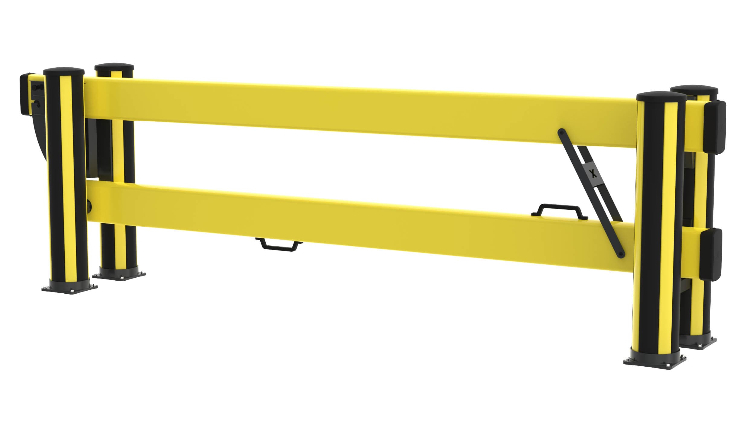 Yellow industrial safety dock gate with longer barriers