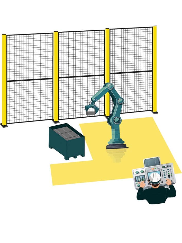Illustration of an industrial robotic arm operating within a designated safety zone, monitored by a control system. Guard fencing provides protection, while the highlighted area represents a monitored zone as an alternative to traditional movable guards.