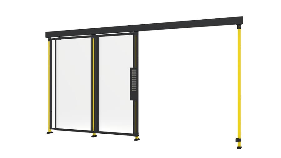 open single sliding door for machine guarding with plastic panels from Axelent