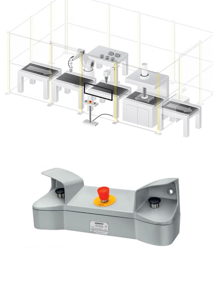 Illustrasjon av en industriell produksjonsoppsett med en robotarm og presse, som fremhever alternative overvåkningssystemer for sikkerhet. Nedenfor vises en Siemens aktiveringsbryter, med en design i tre posisjoner med en nødstoppknapp, brukt for å sikre kontrollert maskinoperasjon og forhindre utilsiktet aktivering.