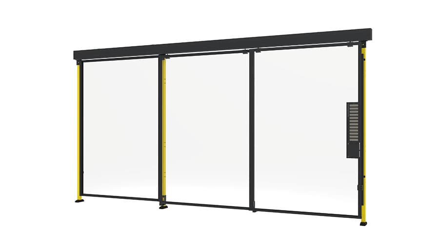 double sliding door machine guarding with plastic panels closed