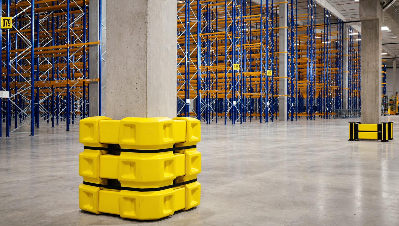 Søjleværn og kollisionssbarriere, der beskytter søjlerne i et logistiklager