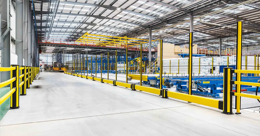 Machine park using Axelent's blach mesh panels and yellow posts a safeguards around industrial machines