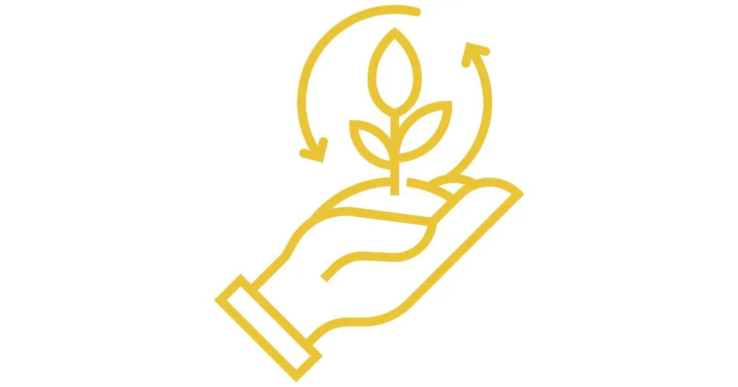 Illustration of a yellow hand holding a yellow leaf with bent arrows around indicating circulation on a white background