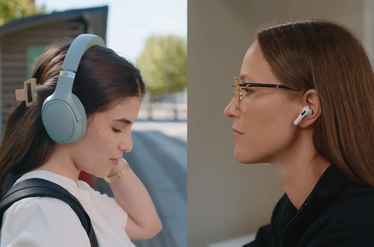 Two women using headphones