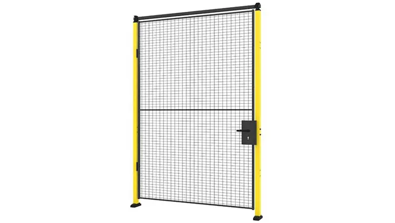 Full view on a single hinge door with black mesh panel and yellow frame with a cylinder handle lock mounted