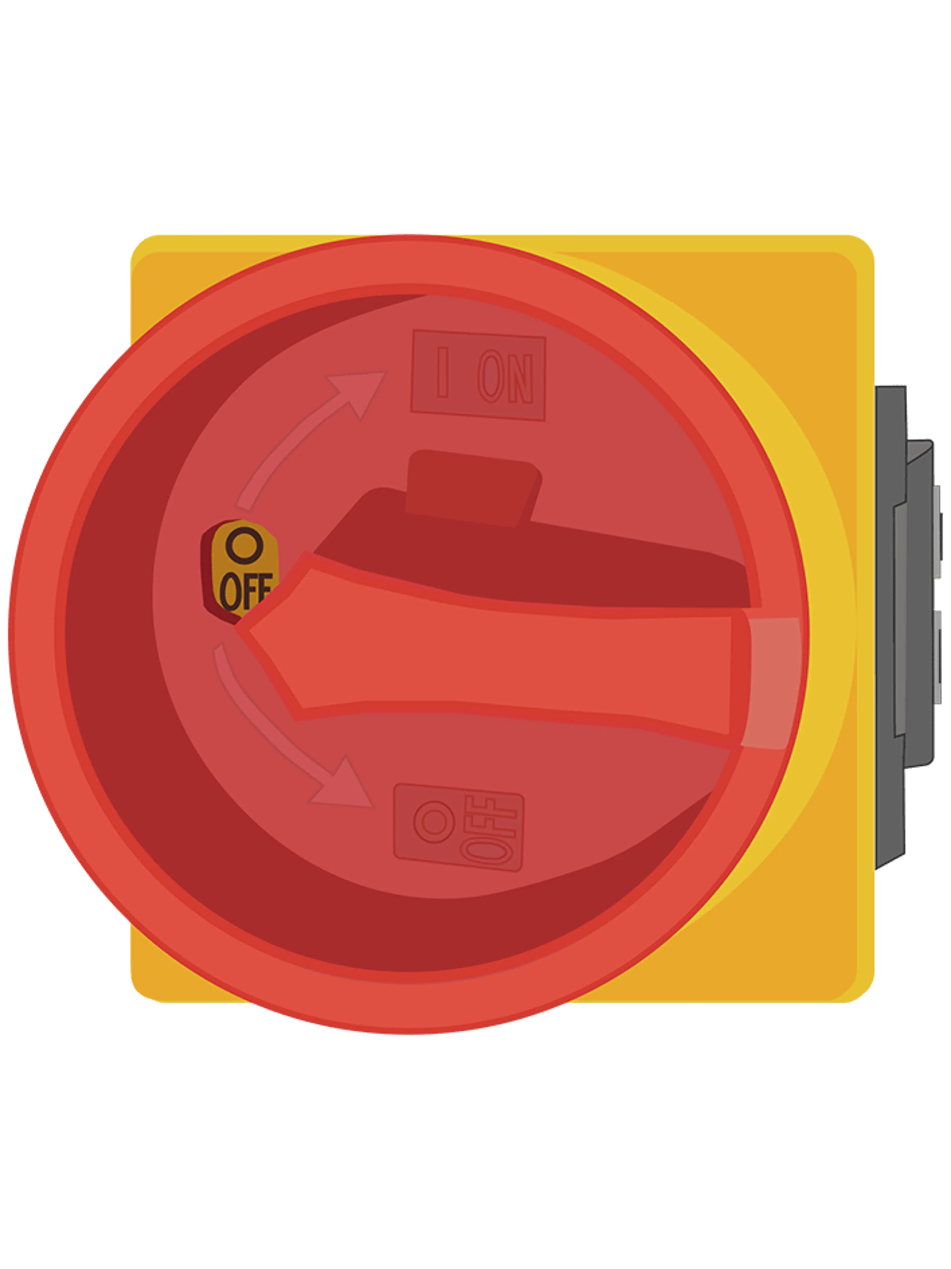Illustration of a red and yellow emergency stop switch with on and off positions. The image highlights the function of emergency stop buttons in quickly shutting down machinery to prevent accidents and enhance workplace safety.