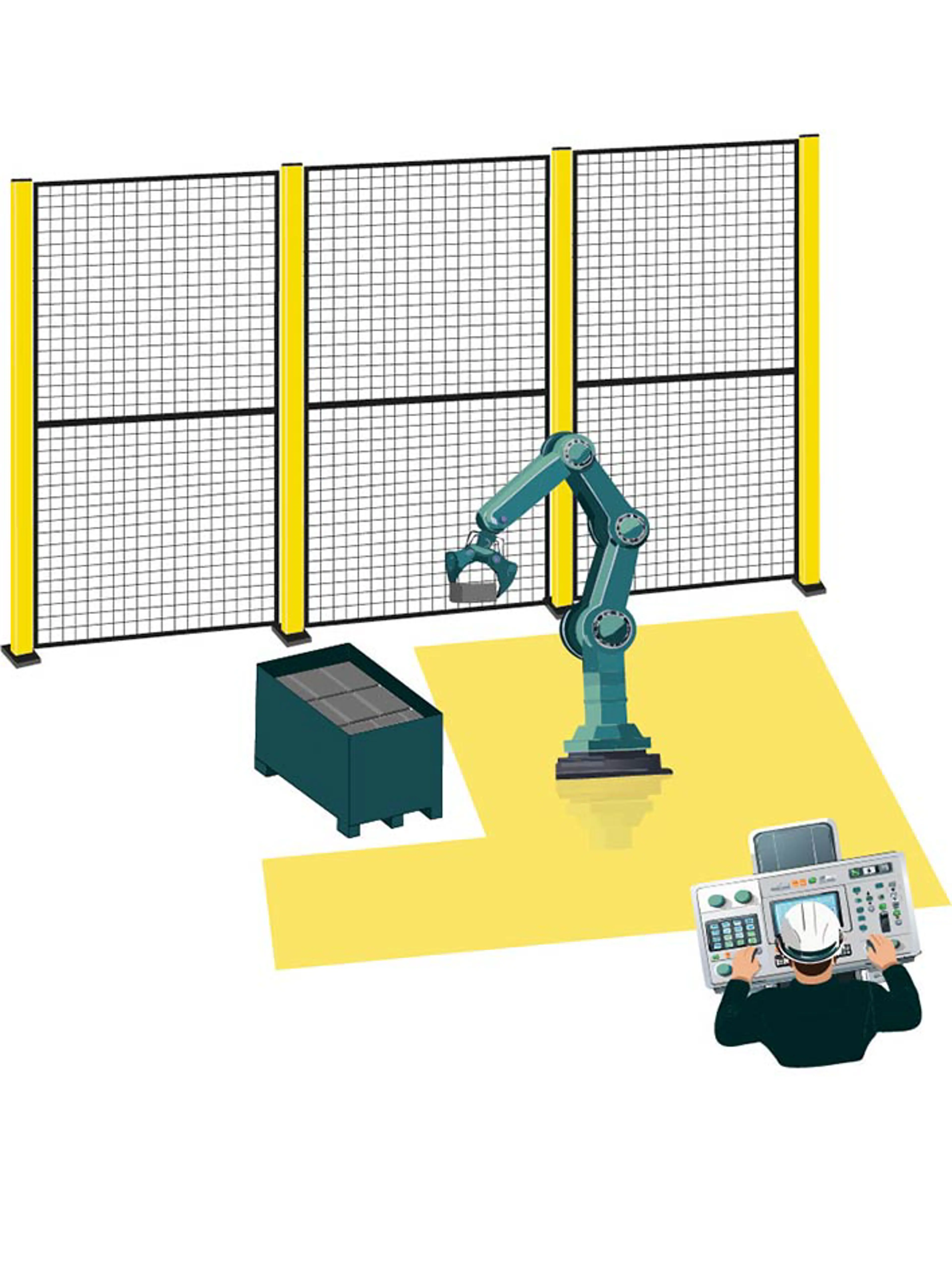 Illustration of an industrial robotic arm operating within a designated safety zone, monitored by a control system. Guard fencing provides protection, while the highlighted area represents a monitored zone as an alternative to traditional movable guards.