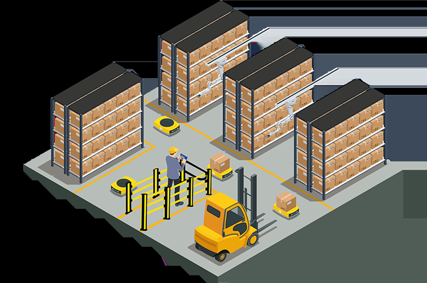 Autonomous mobile robots moving goods, worker standing behind impact protection