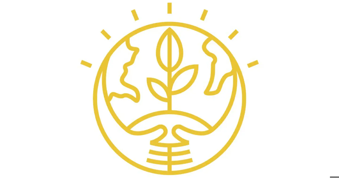 Yellow illustration of arms hugging the Earth with a flower on a hill in the middle, the background is white